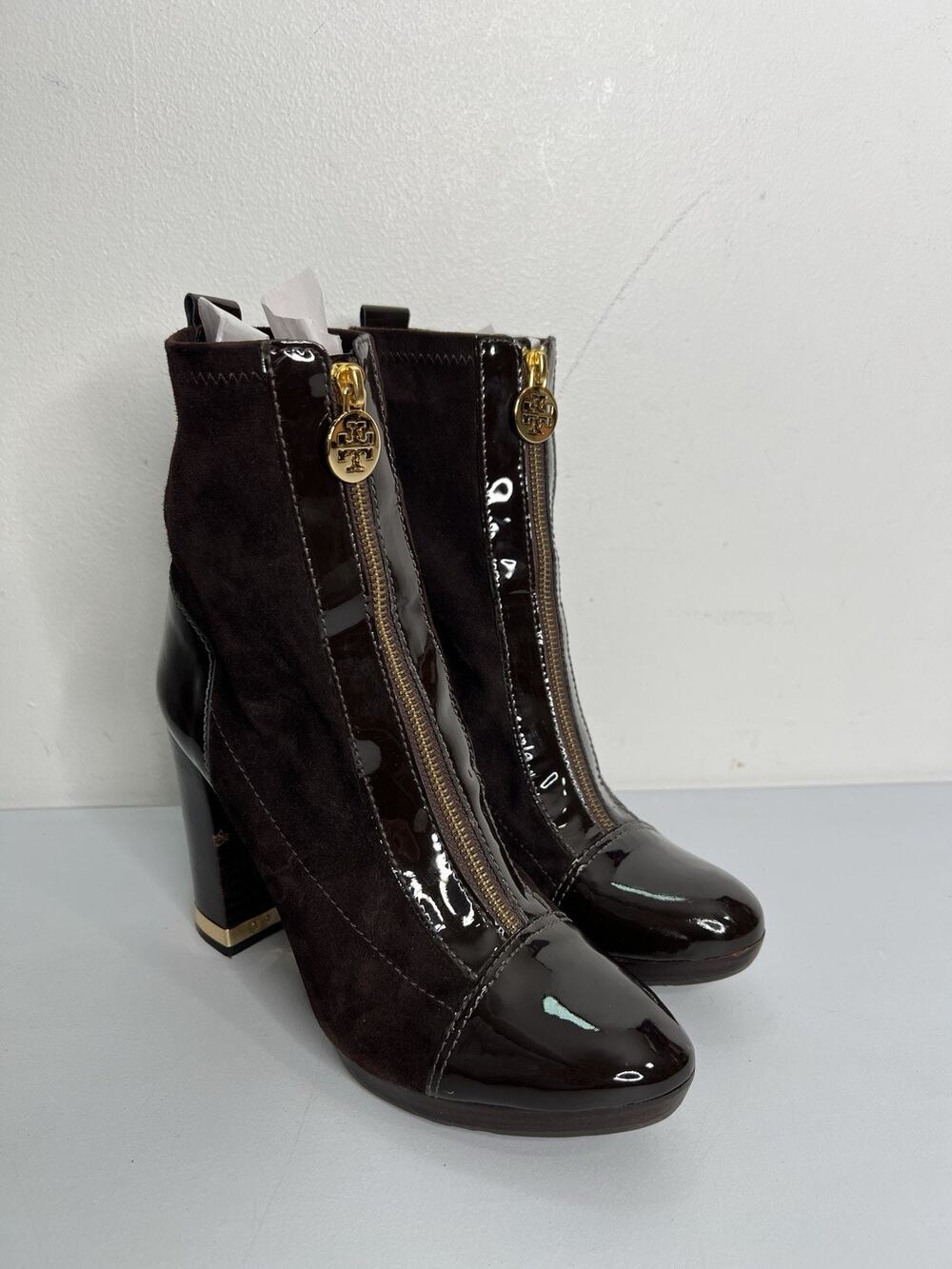 Tory Burch Front Zip Ankle Boots Suede Patent Leather Gold Toned Trim Size 8.5